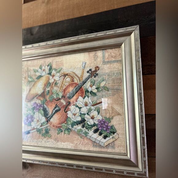 “Floral Harmony "14" x11" Cross Stitch Completed Silver Framed Violin Piano - Picture 4 of 7